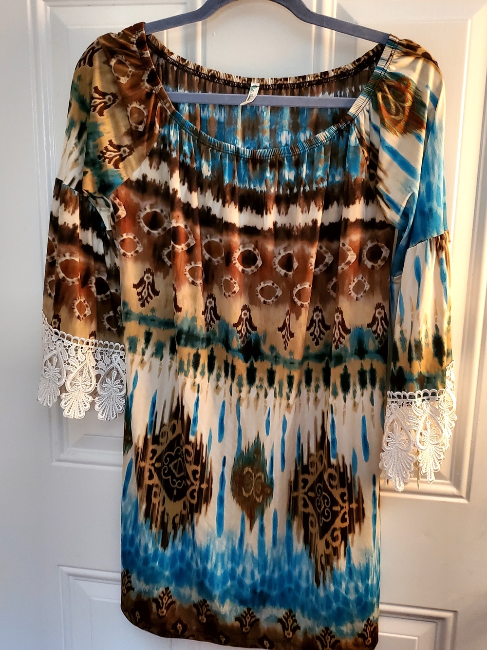 Auditions Blue and Brown Boho Tie-Dye Peasant Tunic with Lace Trim